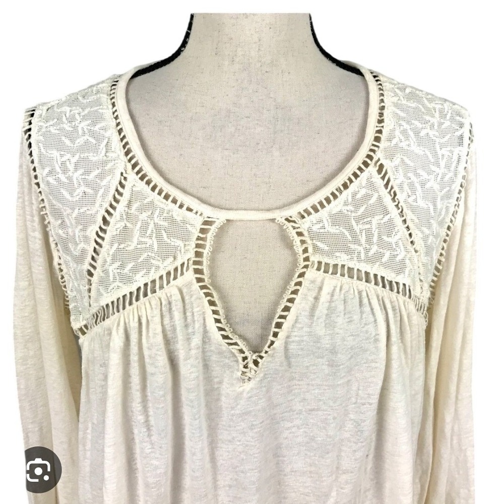 Lucky Brand Cream Boho Peasant Blouse Lace Keyhole Neckline Small
